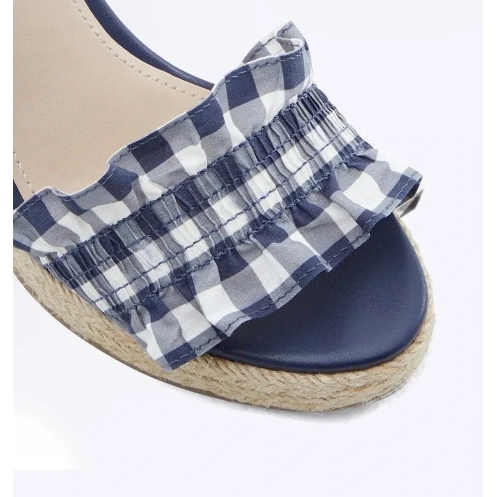 Draper James Abigail Navy Gingham Ruffle Espadrille Wedge Sandals Womens 8.5 NEW
